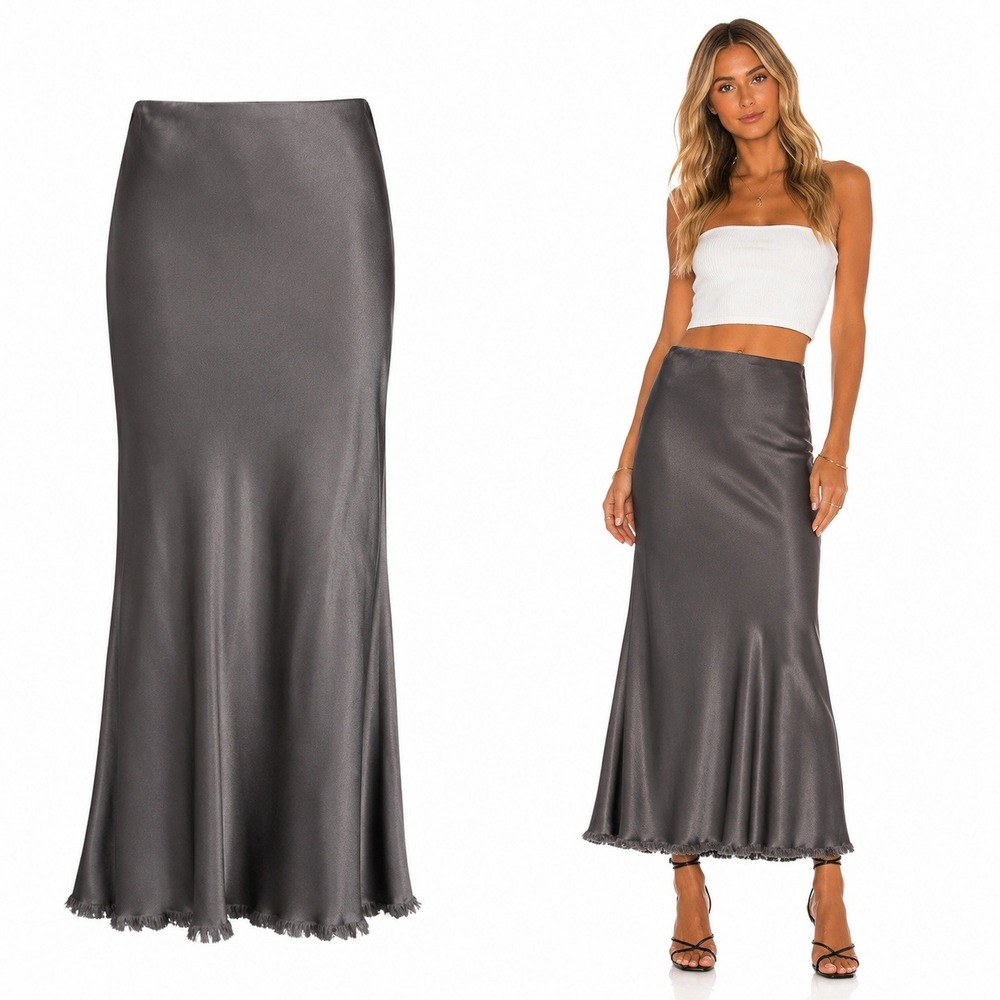 Pharaoh Riley Midi Skirt Steel Gray Frayed Hem Satin Rayon Size 0